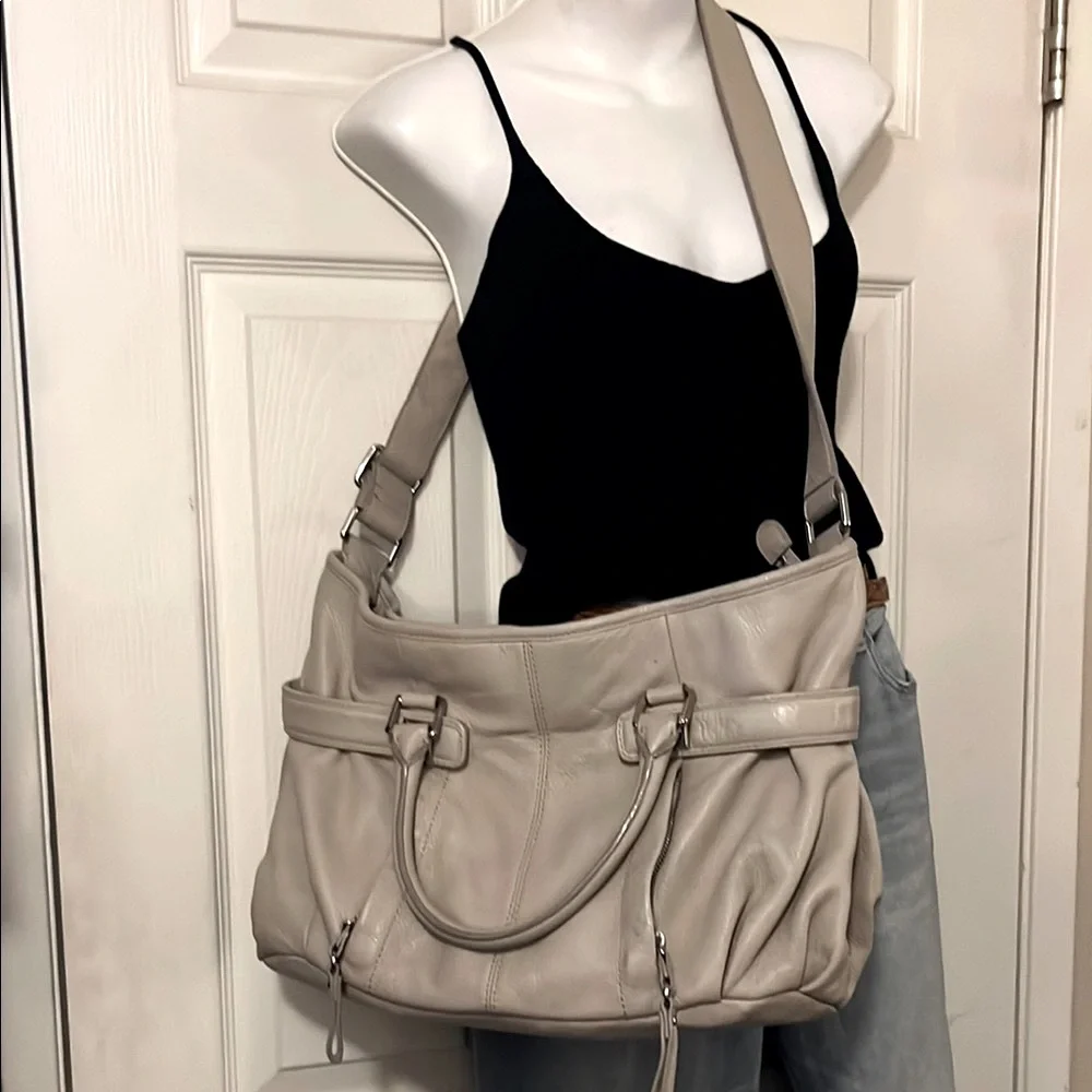Banana Republic Beige Stone Pebbled Leather Slouchy Crossbody Shoulder Bag Purse